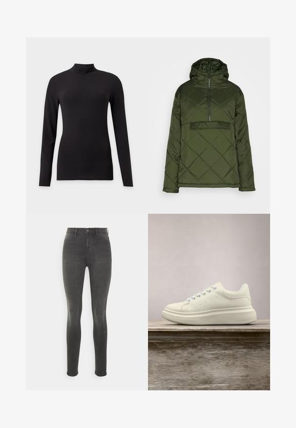 Denim Project WAURORA JACKET - Übergangsjacke - deep depths; Schwarzes, enganliegendes Langarmshirt mit Stehkragen, gezeigt vor einfachem hellgrauem Hintergrund.; edc by Esprit MEDIUM RISE - Jeggings - grey dark wash; Weißer Ledersneaker mit rundem Zehenbereich, glatter Textur und kontrastierenden Schnürsenkeln. Verfügt über Belüftungslöcher und eine dicke Gummisohle für Komfort.