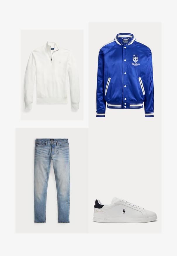 Blå satin varsityjakke med hvidstribet krave, manchetter og kant, hvide trykknapper og Wimbledon Polo 1877-logo på brystet.; Hvid, langærmet pullover-sweatshirt med en lynlåsskrave, vævet tekstur og et lille, gråt broderet logo på venstre bryst.; Lys blå denimjeans med en falmet finish, fem-lomme design og kontraststing. Har lynlås og bæltesløjfer. Lige pasform.; Hvid lavtstående sneaker med sort polo-spiller logo på siden, navy hælklap, hvide snørebånd og "Ralph Lauren" guldsignatur nær hælen