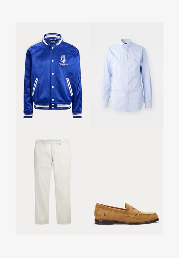 Blaues Satin-Varisty-Jacke mit weiß gestreiftem Kragen, Bündchen und Saum, weißen Druckknöpfen und Wimbledon Polo 1877-Logo auf der Brust.; Hellblaue gestreifte Langarmbluse aus Baumwolle. Verfügt über einen Button-Down-Kragen, eine Knopfleiste mit Knöpfen und ein gesticktes Logo auf der Brust.; Cremefarbene gerade geschnittene Hosen mit Gürtelschlaufen und verdecktem vorne liegenden Verschluss auf einfarbigem Hintergrund.; Hellbrauner Veloursleder-Slipper mit genähten Details und kleinem besticktem Pferde-Logo an der Seite, mit niedrigem Holzabsatz und Schlupf-Design.