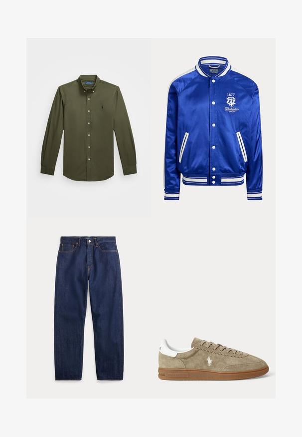 Modrá saténová varsity bunda s bielym pruhovaným golierom, manžetami a lemom, s bielymi cvokmi a logom Wimbledon Polo 1877 na hrudníku.; Košeľa s dlhými rukávmi a zapínaním na gombíky, vyrobená z olivovo zelenej bavlny. Má malú vyšívanú logo na hrudi, štandardný golier a gombíkové detaily.; Tmavomodré riflové nohavice s priamymi nohavicami, piatimi vreckami, zapínaním na gombíky a viditeľným šitím.; Nízkoprofilová béžová semišová teniska s hnedou podrážkou, bielym detailom na päte, šnúrkami a bielym vyšívaným logom hráča póla na boku.