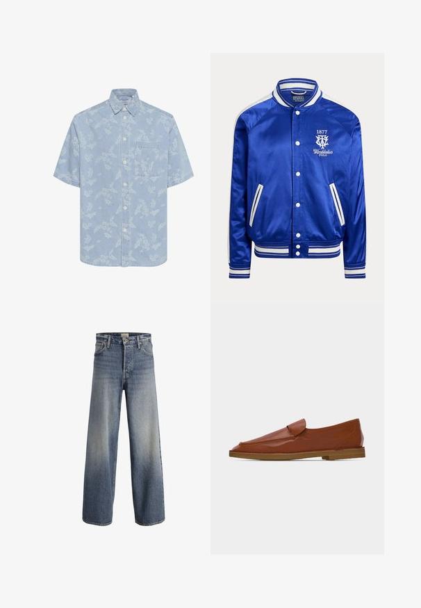 Modrá saténová varsity bunda s bielym pruhovaným golierom, manžetami a lemom, s bielymi cvokmi a logom Wimbledon Polo 1877 na hrudníku.; Svetlomodrá polokošeľa s krátkym rukávom a bielym kvetinovým vzorom, so zapínaním na gombíky a jednou náprsní kapsou. Vyrobená z denimovému materiálu.; Svetlomodré široké džínsy vyrobené z denimu. Obsahujú vysoký pás, zapínanie na gombík a jemné vyblednutie s hladkou textúrou a prešitými švami.; Hnedý kožený mokasín na natiahnutie s okrúhlym štvorcovým špicom a plochou gumovou podrážkou, zobrazený na jednoduchom svetlom pozadí.