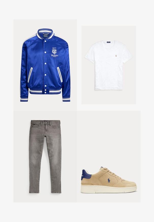 Blauwe satijnen varsityjas met wit gestreepte kraag, manchetten en zoom, witte drukknoopjes en Wimbledon Polo 1877-logo op de borst.; Witte T-shirt met korte mouwen en ronde hals met klein geborduurd Polo Ralph Lauren-logo op de linkerborst en een blauw merklint binnenin de kraag.; Grijze spijkerbroek, slim fit, met rechte pijpen. Kenmerken klassieke vijf-pocketontwerp, stikdetails en een licht vervaagde textuur.; Beige suède sneaker met navy blauwe hieltab en logo, witte zool, veterdesign en borduursel van een polospeler aan de zijkant.