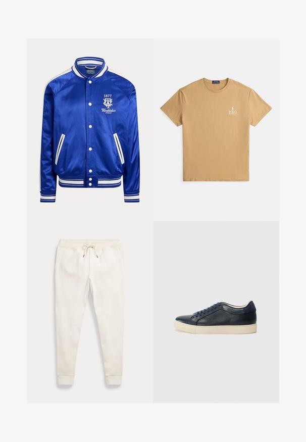 Blauwe satijnen varsityjas met wit gestreepte kraag, manchetten en zoom, witte drukknoopjes en Wimbledon Polo 1877-logo op de borst.; Beige T-shirt met korte mouwen, gemaakt van katoen, met een ronde hals en een klein wit geborduurd logo op de linkerborst.; Gebroken-witte taps toelopende sweatpants met een elastische tailleband, trekkoord, zijzakken en boorden bij de enkels op een effen achtergrond.; Marineblauwe leren sneaker met een crèmekleurige rubbersole, voorzien van blauwe veters en een gladde textuur. Ronde neus en minimalistisch ontwerp.