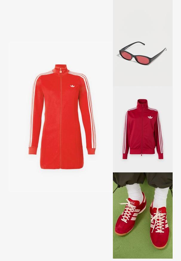 Rød træningstrøje med hvide tre-stribe detaljer på ærmerne, fuld lynlås foran, høj krave og hvidt Adidas trefoil-logo på brystet.; Rød langærmet sportsjakke med lynlås og hvide striber på ærmerne samt hvid Adidas-logo på venstre bryst.; Røde ruskind og mesh sportssko med hvide striber og snørebånd. Gummisål. Båret med hvide ribbede sokker på en grøn tekstureret overflade.; Sorte ovale solbriller med tynde arme og rødtonede linser, der ligger på en hvid overflade.