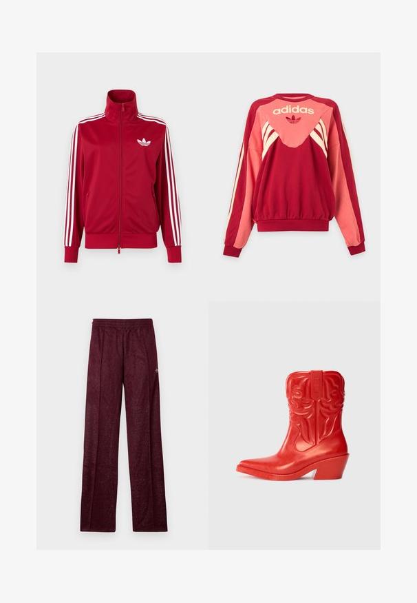 Rød træningstrøje med hvide tre-stribe detaljer på ærmerne, fuld lynlås foran, høj krave og hvidt Adidas trefoil-logo på brystet.; Rød og pink Adidas sweatshirt med lange ærmer, cremefarvede striber, logo og trefoil-symbol på fronten mod en lys baggrund.; Bordeaux træningsbukser lavet af tekstureret stof, med elastisk talje og sidesømme for en lige ben-design.; Rød cowboystøvle med en høj, udvidet hæl. Lavet af blankt materiale med prægede western-inspirerede mønstre på skaftet. Spidse tåform.