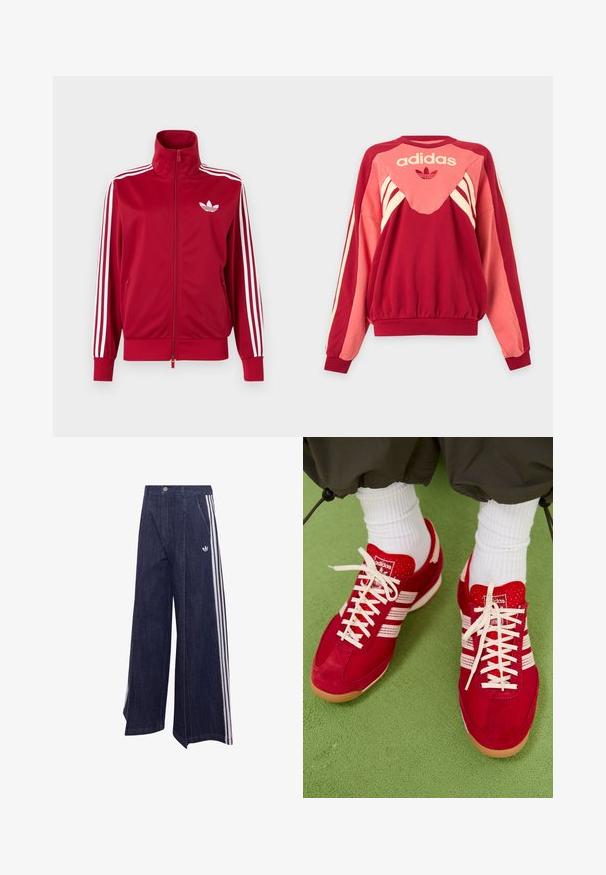 Chaqueta deportiva roja con detalles de tres franjas blancas en las mangas, cremallera completa en el frente, cuello alto y el logo de trébol de Adidas en blanco en el pecho.; Sudadera Adidas roja y rosa con mangas largas, rayas crema, logo y símbolo de trébol en el frente sobre un fondo claro.; Pantalones vaqueros de pierna ancha de color azul oscuro con rayas verticales blancas en los laterales y un logo de Adidas cerca del bolsillo.; Zapatillas deportivas de ante rojo y malla con rayas y cordones blancos. Suela de goma. Llevadas con calcetines blancos de canalé sobre una superficie verde texturizada.