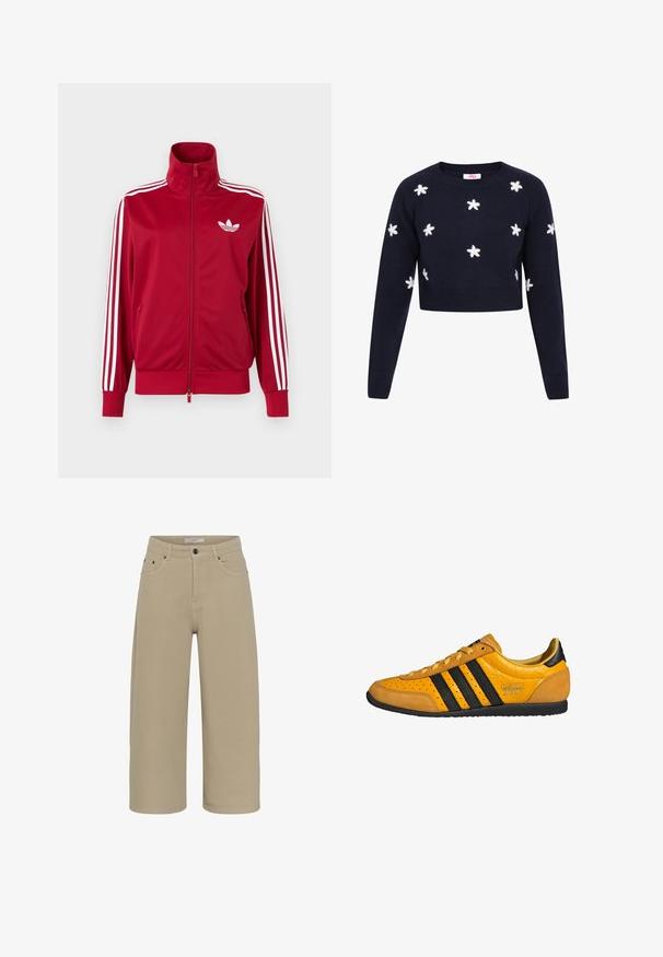 Rode trainingsjas met witte drie-streep details op de mouwen, volledige rits aan de voorkant, hoge kraag en wit Adidas trefoil-logo op de borst.; Marineblauwe cropped trui met lange mouwen, ronde hals en witte bloemenpatronen verspreid over voorkant en mouwen.; Beige wide-leg cropped broek met knoop- en ritssluiting, riemlussen, voorzakken en een mid-rise taille.; Gele leren sneaker met zwarte strepen, vetersluiting, geperforeerde neus en gestructureerde hielaccenten met het label "adidas Japan." Rubber loopzool.