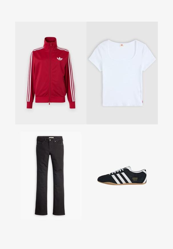 Veste de survêtement rouge avec trois bandes blanches sur les manches, fermeture éclair intégrale à l'avant, col montant et logo trefoil Adidas blanc sur la poitrine.; Haut blanc à manches courtes avec un décolleté carré, fabriqué en tissu à texture côtelée. Présente une petite étiquette logo rouge en bas à gauche.; Jean noir en denim, avec une coupe droite, taille standard, cinq poches et des détails de couture subtils.; Sneakers en suede noir avec trois bandes blanches, logo doré et semelle en caoutchouc marron. Présente un design à lacets à profil bas.