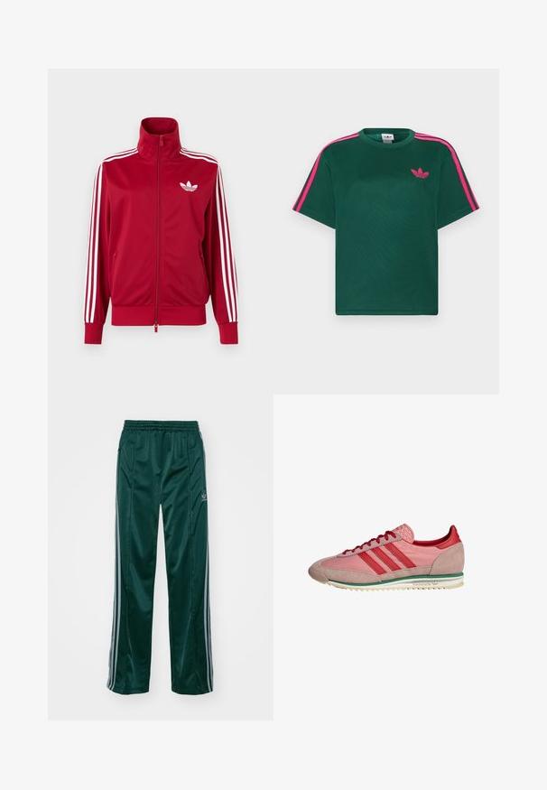 Rote Trainingsjacke mit weißen Drei-Streifen-Details an den Ärmeln, durchgehendem Frontreißverschluss, hohem Kragen und weißem Adidas-Trefoil-Logo auf der Brust.; Grünes T-Shirt mit kurzen Ärmeln, leuchtend pinken Streifen auf den Schultern und Adidas-Trefoil-Logo auf der Brust.; Dunkelgrüne Sporthosen aus glänzendem Material, mit seitlichen Streifen in Hellgrau und einem gestickten Logo auf dem linken Bein.; Pink-rote Adidas-Sneaker mit Wildleder an Zehen- und Fersenpartie, roten Schnürsenkeln, grünem Streifen über der weißen Sohle, seitlich betrachtet.