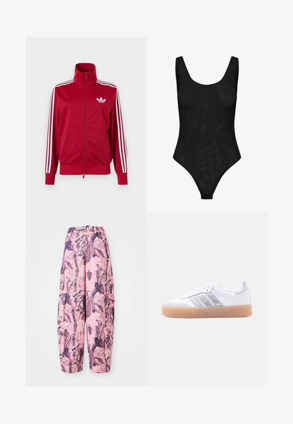 Punainen urheilutakki valkoisilla kolmen raidan yksityiskohdilla hihoissa, koko etuosan vetoketju, korkea kaulus ja valkoinen Adidas-trefoil-logo rinnassa.; Musta hihaton bodysuit, jossa on pyöreä pääntie ja korkeat lahkeiden aukot, valmistettu läpikuultavasta verkkokankaasta.; Vaaleanpunaiset ja violetti kuviolliset leveälahkeiset housut, joissa on lehdet ja oksat -kuvio, korkea vyötärö ja sivutaskut lisäämään käytännöllisyyttä.; Valkoinen matala tennari kumipohjalla, hopeisilla raidallisilla sivukoristeilla ja nauhakiinnityksellä, esitetty vaaleaa taustaa vasten.