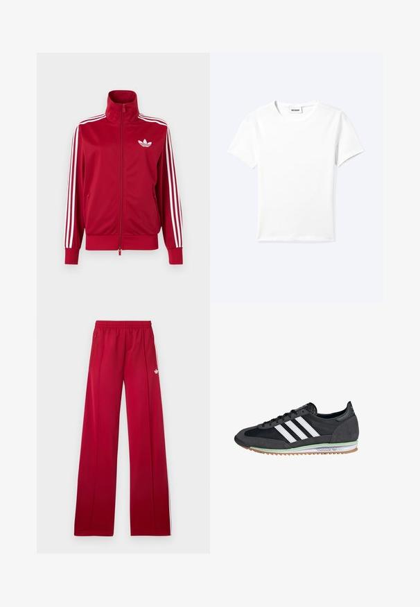 Červená tréningová bunda s bielymi tromi pruhmi na rukávoch, celoprepínací zips vpredu, vysoký golier a biele logo Adidas trefoil na hrudi.; Jednofarebné biele tričko s krátkym rukávom a okrúhlym výstrihom, s malou štítkou "WEEKDAY" vo vnútri výstrihu, zobrazené na svetlom pozadí, položené na rovnej ploche.; Červené široké teplákové nohavice s elastickým pásom, bočnými zipsovými vreckami, bielymi pruhmi po stranách a malým bielym logom na ľavom stehne.; Čierne a šedé tenisky s vrchom z semišu a sieťoviny, so všetkými tromi bielymi pruhmi, gumovou podrážkou a zeleným akcentom na medzipodrážke.
