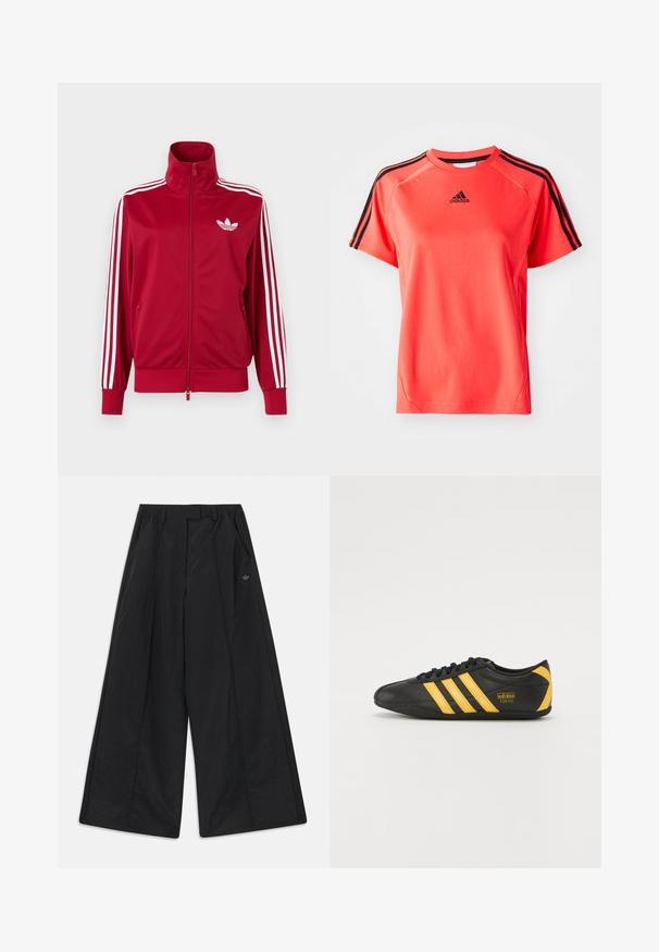 Rode trainingsjas met witte drie-streep details op de mouwen, volledige rits aan de voorkant, hoge kraag en wit Adidas trefoil-logo op de borst.; Korte mouwen, fel koraalkleurig sport T-shirt gemaakt van lichtgewicht stof. Heeft een zwart Adidas-logo en drie zwarte strepen op elke schouder.; Zwarte wijde broek met zijzakken, lussen voor een riem, plooien aan de voorkant en een klein Adidas-logo aan de rechterkant.; Zwarte leren sportschoen met geel drie-strepen ontwerp, ronde neus, zwarte veters en klein logo aan de zijkant. Laag profiel silhouet.