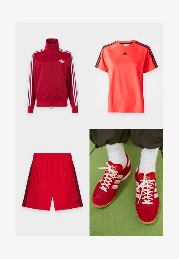 Rød træningstrøje med hvide tre-stribe detaljer på ærmerne, fuld lynlås foran, høj krave og hvidt Adidas trefoil-logo på brystet.; Kortærmet, lys koralfarvet sportstrøje lavet af letvægtsstof. Har sort Adidas-logo og tre sorte striber på hver skulder.; Røde atletikshorts med elastisk taljebånd, med sorte sidelommer og en lille sort logo på den nederste venstre front. Glat tekstur.; Røde ruskind og mesh sportssko med hvide striber og snørebånd. Gummisål. Båret med hvide ribbede sokker på en grøn tekstureret overflade.