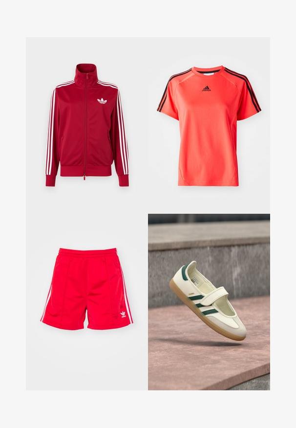 Rød træningstrøje med hvide tre-stribe detaljer på ærmerne, fuld lynlås foran, høj krave og hvidt Adidas trefoil-logo på brystet.; Kortærmet, lys koralfarvet sportstrøje lavet af letvægtsstof. Har sort Adidas-logo og tre sorte striber på hver skulder.; Røde sports shorts med elastisk talje, der har hvide sideløbninger og et broderet logo nederst til venstre. Glat tekstur.; Hvid lædersko med grønne striber, rund tå, fastgjort med en rem. Gummisål, minimalistisk design, hævet syning langs de øvre kanter.