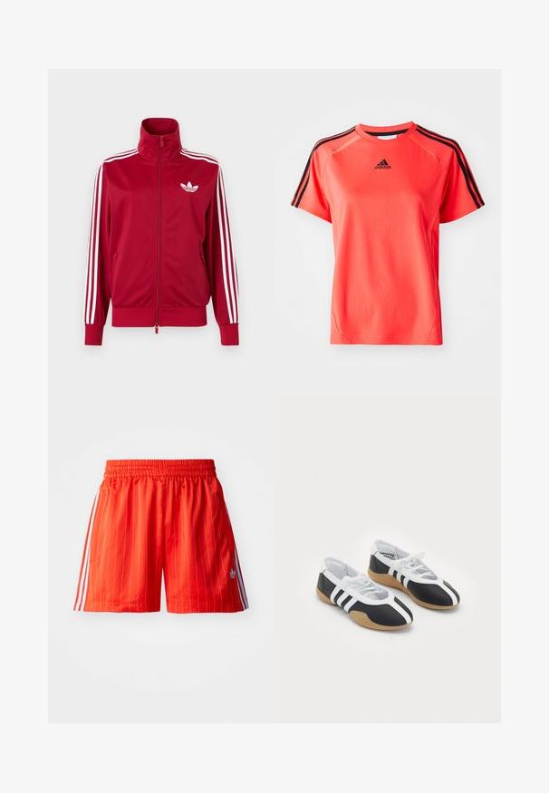 Červená tréningová bunda s bielymi tromi pruhmi na rukávoch, celoprepínací zips vpredu, vysoký golier a biele logo Adidas trefoil na hrudi.; Tričko s krátkym rukávom v jasne koralovej farbe vyrobené z ľahkého materiálu. Obsahuje čierne logo Adidas a tri čierne pruhy na každom ramene.; Červené športové šortky s vertikálnymi bielymi pruhmi, elastickým pásom a svetlomodrými akcentmi po stranách. Obsahujú bočné vrecká.; Čierne a biele športové topánky s elegantným dizajnom, gumovou podrážkou, šnurovaním a tromi bielymi prúžkami na bokoch.