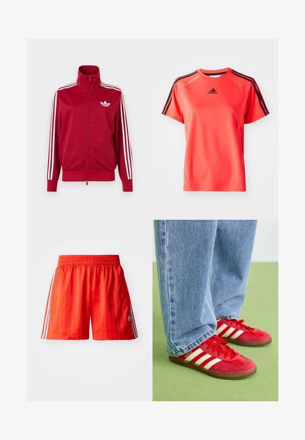 Rote Trainingsjacke mit weißen Drei-Streifen-Details an den Ärmeln, durchgehendem Frontreißverschluss, hohem Kragen und weißem Adidas-Trefoil-Logo auf der Brust.; Kurze Ärmel, leuchtend korallfarbendes Sport-T-Shirt aus leichtem Stoff. Mit schwarzem Adidas-Logo und drei schwarzen Streifen auf jeder Schulter.; Rote Sportshorts mit vertikalen weißen Streifen, elastischem Bund und hellblauen Akzenten an den Seiten. Verfügt über Seitentaschen.; Rote Wildleder-Sneaker mit drei weißen Streifen, runder Zehenpartie und strukturiertem Profil, kombiniert mit hellblauen Jeans auf einem grünen Hintergrund.