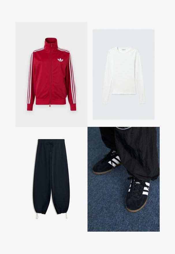 Rode trainingsjas met witte drie-streep details op de mouwen, volledige rits aan de voorkant, hoge kraag en wit Adidas trefoil-logo op de borst.; Effen wit shirt met lange mouwen en ronde hals, slim fit, afgebeeld tegen een lichtgrijze achtergrond.; Zwarte sweatpants van zachte stof, met een elastische tailleband met trekkoord, taps toelopende enkels en zijzakken.; Zwarte suède sportschoenen met drie witte strepen en zwarte veters. Een gestructureerde zwarte broek is deels zichtbaar naast de schoenen.