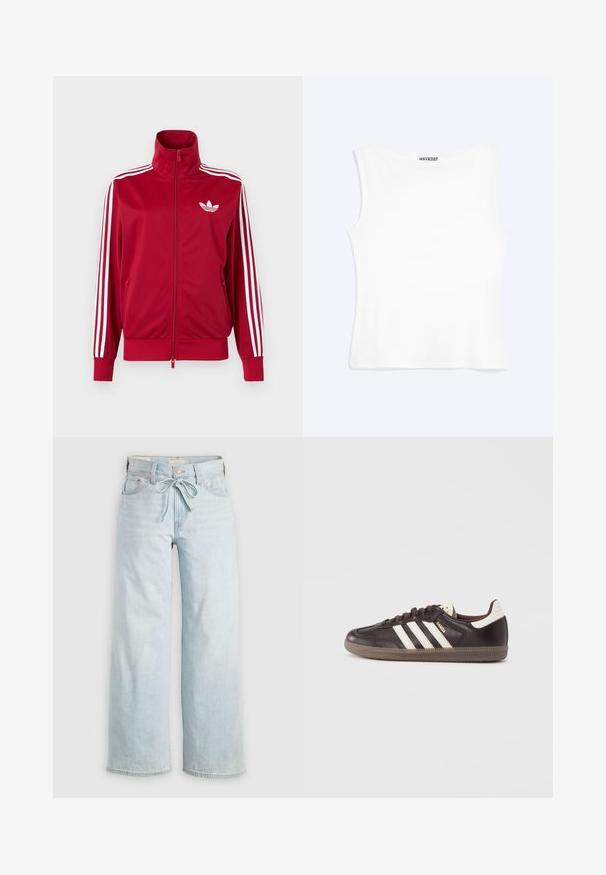 Chaqueta deportiva roja con detalles de tres franjas blancas en las mangas, cremallera completa en el frente, cuello alto y el logo de trébol de Adidas en blanco en el pecho.; Camiseta sin mangas blanca ajustada con escote redondo y diseño minimalista, etiquetada como "WEEKDAY" en el interior del cuello.; Jeans de tiro alto de color azul claro, de pierna ancha, con lazo en la parte delantera, diseño clásico de cinco bolsillos y un sutil detalle de desgaste en las piernas. Material de denim.; Zapatillas deportivas de cuero marrón oscuro con diseño de tres franjas blancas, suela de goma y la palabra "Samba" en letras doradas en el lateral. Forma clásica de corte bajo.