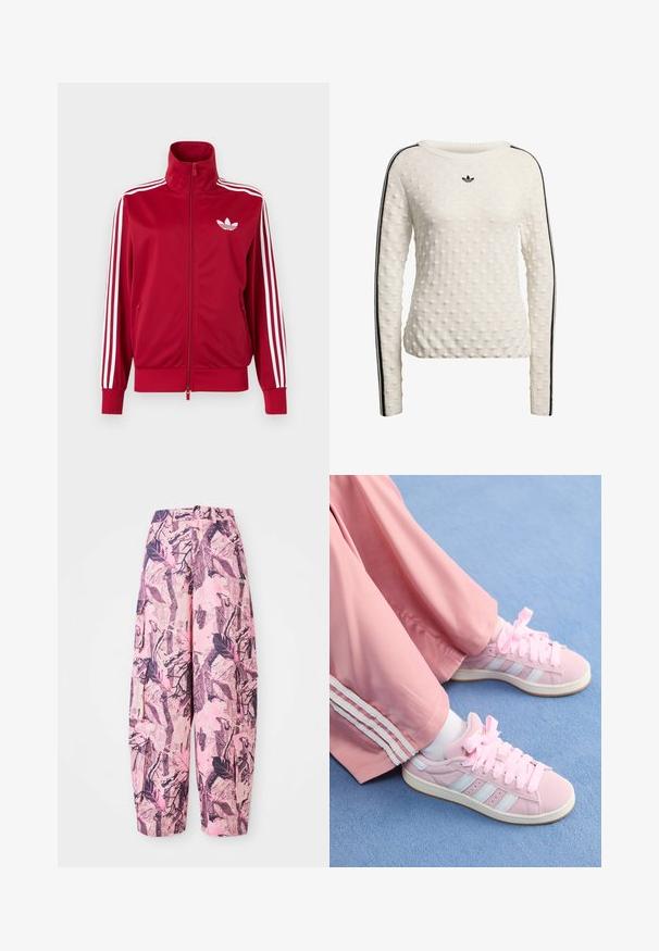 Rode trainingsjas met witte drie-streep details op de mouwen, volledige rits aan de voorkant, hoge kraag en wit Adidas trefoil-logo op de borst.; Witte textuursweater met ronde hals, lange mouwen en zwarte zijstrepen. Klein zwart logo aan de voorkant.; Roze en paarse wijdgaande broek met een bladeren- en takkenpatroon, heeft een hoge taille en zijzakken voor extra functionaliteit.; Roze sportieve schoenen met lichtblauwe strepen, ronde neuzen en dikke roze veters, gecombineerd met roze trainingsbroeken met witte zijstrepen.