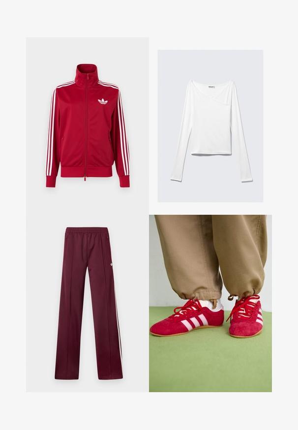Punane jope valgete kolme triibuga varrukatel, täis ees lukk, kõrge krae ja valge Adidas trefoili logo rinnal.; Valge pika varrukaga topp, millel on ristatud disain ja tasku. Valmistatud siledast ja venivast kangast. Lõige on kaunis ja lõdva sobivusega.; Tumepunased spordipüksid elastse vöökohaga, külgedel lükandtaskud, valged küljestriibud ja väike valge Adidas logo paremal reiel.; Punane sametist spordijalatsid valgete triipudega, lame kummist tallaga ja punaste paeltega. Kanda beezide pükstega, asetatud rohelisele pinnale.