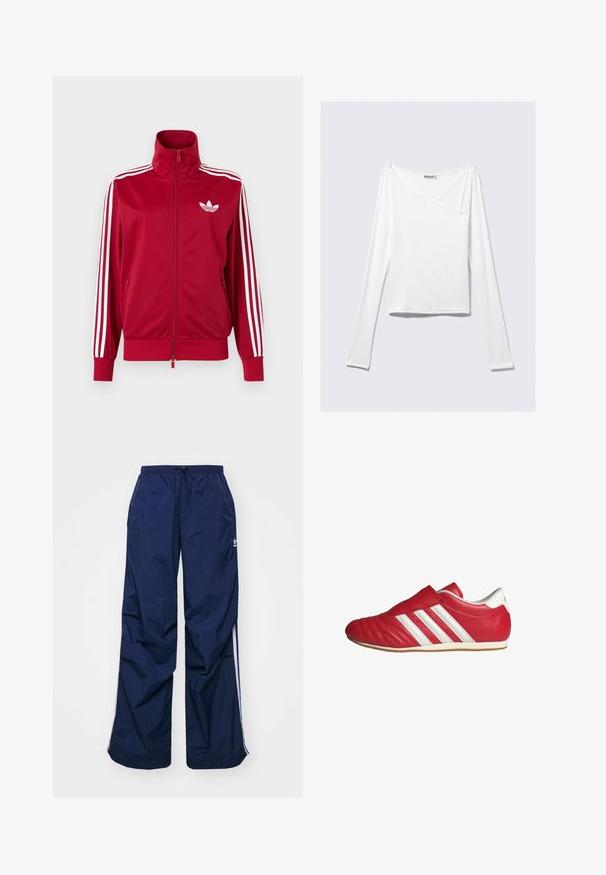 Punane jope valgete kolme triibuga varrukatel, täis ees lukk, kõrge krae ja valge Adidas trefoili logo rinnal.; Valge pika varrukaga topp, millel on ristatud disain ja tasku. Valmistatud siledast ja venivast kangast. Lõige on kaunis ja lõdva sobivusega.; Tumesinised, kergekaalulised püksid elastse vöökoha ja nööriga, millel on valged küljeribad ja väike logo ees. Lahtise lõikega.; Punane nahast spordijalats ümara kärgiga, tekstuuriga pealispind, valged küljeribad ja Velcro rihm. Lame kummisele, et tagada haardumine.