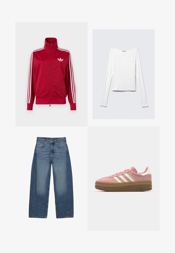 Červená tréningová bunda s bielymi tromi pruhmi na rukávoch, celoprepínací zips vpredu, vysoký golier a biele logo Adidas trefoil na hrudi.; Biela blúzka s dlhým rukávom a prekríženým dizajnom, s vreckom. Vyrobená z hladkej, elastickej látky. Strih v uvoľnenom, voľnom štýle.; Džínsy s širokým strihom v modrej farbe vyrobené z denimu, s klasickým dizajnom piatich vreciek, s vyblednutým umývaním a tónovaným prešívaním.; adidas Originals GAZELLE BOLD - Tenisky - mauve/off white