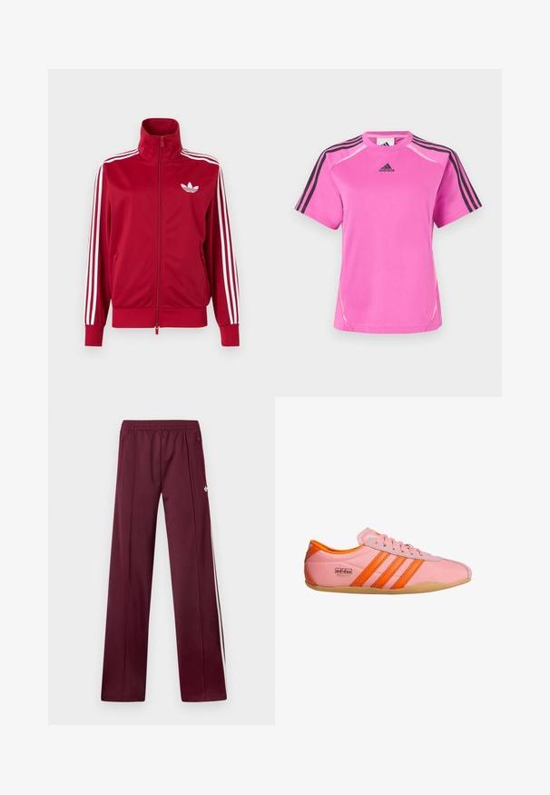 Rød træningstrøje med hvide tre-stribe detaljer på ærmerne, fuld lynlås foran, høj krave og hvidt Adidas trefoil-logo på brystet.; Lyserød Adidas sportstrøje med sort tre-stribe detalje på ærmerne og sort Adidas logo på brystet.; Bordeaux løbebukser med elastisk taljebånd, sidelommer med lynlås, hvide sidelommer og et lille hvidt Adidas-logo på højre lår.; Lyserød sneakers med orange detaljer, der har tre striber, et tekstureret materiale, snørebånd foran og en gummisål. Branding på siden.
