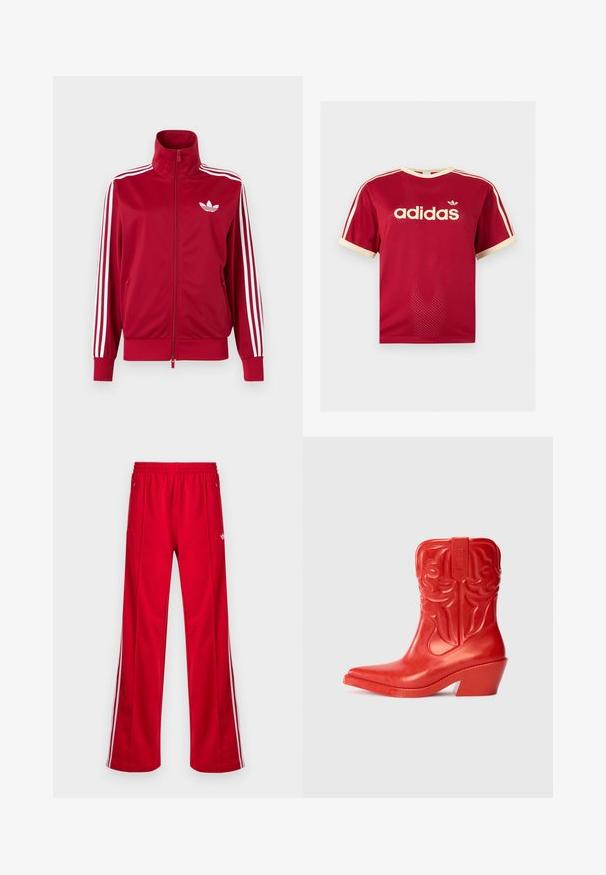 Rote Trainingsjacke mit weißen Drei-Streifen-Details an den Ärmeln, durchgehendem Frontreißverschluss, hohem Kragen und weißem Adidas-Trefoil-Logo auf der Brust.; Rotes Adidas Mesh-T-Shirt mit beigem Besatz am Kragen, an den Ärmeln und den drei Streifen auf den Schultern, mit Adidas-Logo und Schriftzug auf der Vorderseite.; Rote Sporthose mit lockerem Sitz, elastischem Bund, zwei Seitentaschen und weißen Seitenstreifen. Hergestellt aus glattem, synthetischem Material.; Rote Cowboy-Stiefel mit hohem, ausgeflogenem Absatz. Hergestellt aus glänzendem Material, das mit geprägten Western-Mustern am Schaft verziert ist. Spitz zulaufende Fußform.