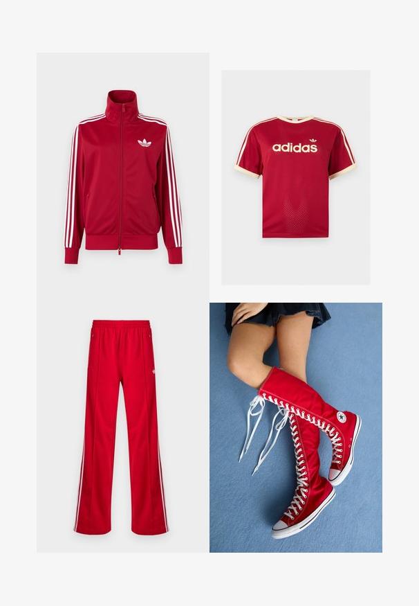 Punane jope valgete kolme triibuga varrukatel, täis ees lukk, kõrge krae ja valge Adidas trefoili logo rinnal.; Punane Adidas võrgust meeste särk beeži äärega krae, varrukate ja kolmekordsete triipude juures õlgadel, esiküljel Adidas logo ja tekstiga.; Punased spordipüksid lahtise lõikega, elastse vöörihma, kahe küljetasku ja valgete küljeribadega. Valmistatud siledast sünteetilisest materjalist.; Punased kõrged spordijalatsid, millel on kanvasest pealis, valged paelad ja kummist tallaosad musta ja valgega. Kuni põlveni ulatuv disain koos logode detailidega.