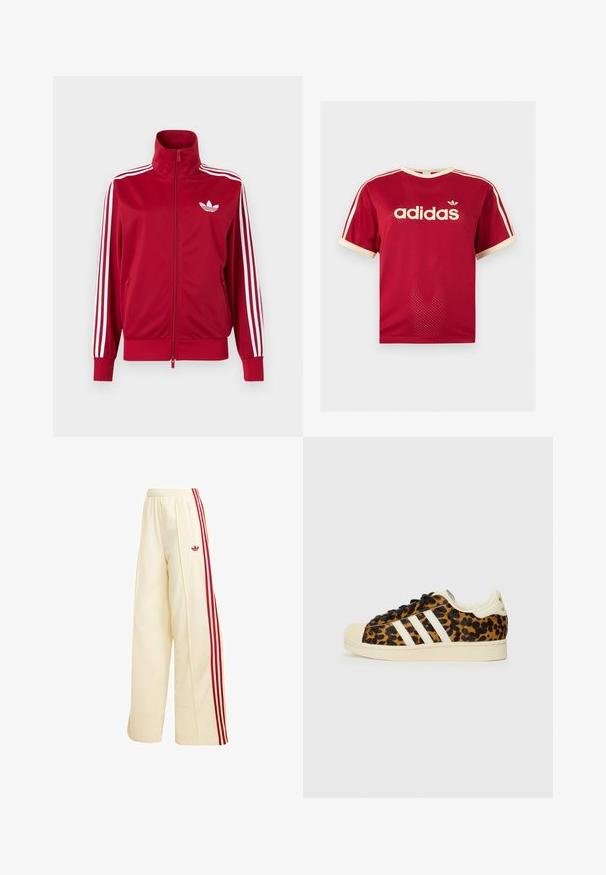 Punainen urheilutakki valkoisilla kolmen raidan yksityiskohdilla hihoissa, koko etuosan vetoketju, korkea kaulus ja valkoinen Adidas-trefoil-logo rinnassa.; Punainen Adidas verkkopaita, jossa on beigeä reunusta kauluksessa, hihoissa ja kolmessa raidassa olkapäillä, etupuolella Adidas-logo ja teksti.; Kermanväriset leveälahkeiset verkkarit, joissa punaiset sivuraidat, joustava vyötärö, vetoketjutasku ja punainen Adidas-logo reidessä.; Leopardikuosisneakerit mustilla nauhoilla, valkoinen kolmonen design, kerma-värinen kuminen varvas ja pohja, teksturoitu päällismateriaali.