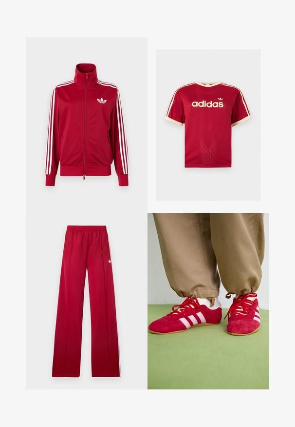 Rød træningstrøje med hvide tre-stribe detaljer på ærmerne, fuld lynlås foran, høj krave og hvidt Adidas trefoil-logo på brystet.; Rød Adidas mesh t-shirt med beige kant på krave, ærmer og de tre striber på skuldrene, med Adidas-logo og tekst på fronten.; Røde trackbukser med brede ben, elastik i taljen, sidelommer med lynlås, hvide striber på siderne og lille hvidt logo på venstre låret.; Røde ruskind sportssko med hvide striber, flad gummisål og røde snørebånd. Båret med beige bukser, placeret på en grøn overflade.