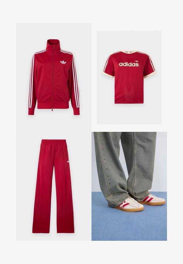 Červená tréningová bunda s bielymi tromi pruhmi na rukávoch, celoprepínací zips vpredu, vysoký golier a biele logo Adidas trefoil na hrudi.; Červené sieťované tričko Adidas s béžovým lemovaním na golieri, rukávoch a troch pruhmi na pleciach, s logom Adidas a textom na prednej strane.; Červené široké teplákové nohavice s elastickým pásom, bočnými zipsovými vreckami, bielymi pruhmi po stranách a malým bielym logom na ľavom stehne.; Biele tenisky s červenými pruhmi, textúrovaný plátený zvršok, zaoblená špička, plochá gumená podrážka, skombinované s voľnými, vyblednutými modrými džínsami.
