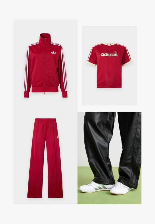 Červená tréningová bunda s bielymi tromi pruhmi na rukávoch, celoprepínací zips vpredu, vysoký golier a biele logo Adidas trefoil na hrudi.; Červené sieťované tričko Adidas s béžovým lemovaním na golieri, rukávoch a troch pruhmi na pleciach, s logom Adidas a textom na prednej strane.; Červené široké teplákové nohavice s elastickým pásom, bočnými zipsovými vreckami, bielymi pruhmi po stranách a malým bielym logom na ľavom stehne.; Čierne nohavice z umelej kože s voľným strihom, s hladkým povrchom a bočnými pruhmi. V páre s bielymi teniskami so striebornými detailmi.