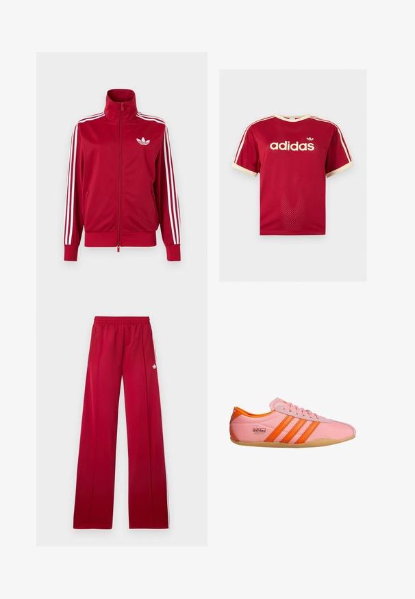 Červená tréningová bunda s bielymi tromi pruhmi na rukávoch, celoprepínací zips vpredu, vysoký golier a biele logo Adidas trefoil na hrudi.; Červené sieťované tričko Adidas s béžovým lemovaním na golieri, rukávoch a troch pruhmi na pleciach, s logom Adidas a textom na prednej strane.; Červené široké teplákové nohavice s elastickým pásom, bočnými zipsovými vreckami, bielymi pruhmi po stranách a malým bielym logom na ľavom stehne.; Ružová sneakerka s oranžovými akcentmi, s tromi pruhmi, textúrovaným materiálom, šnurovaním vpredu a gumovou podrážkou. Branding na boku.