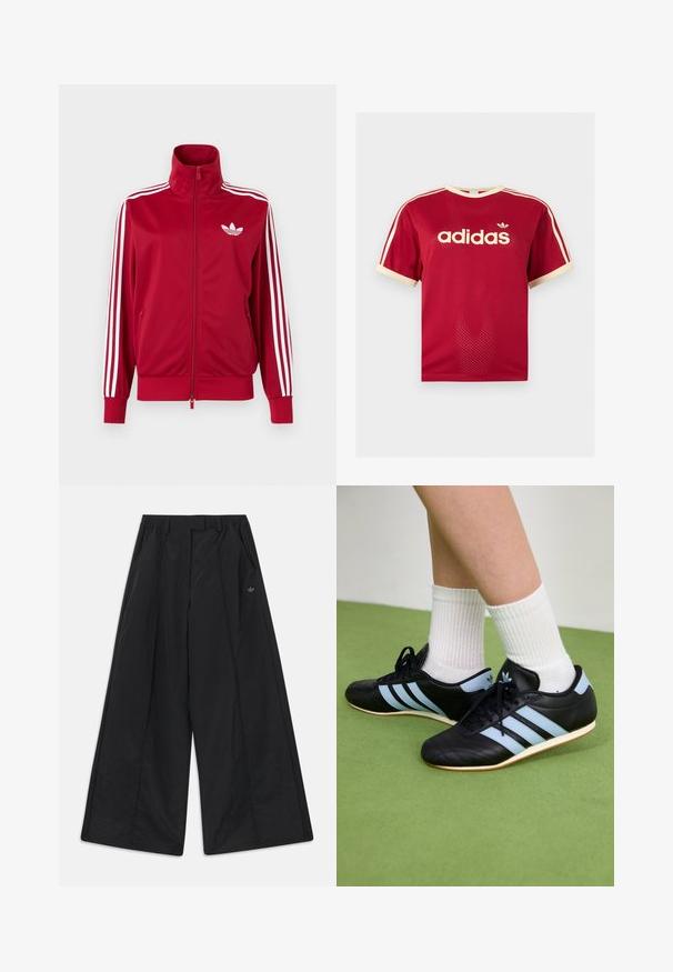 Červená tréningová bunda s bielymi tromi pruhmi na rukávoch, celoprepínací zips vpredu, vysoký golier a biele logo Adidas trefoil na hrudi.; Červené sieťované tričko Adidas s béžovým lemovaním na golieri, rukávoch a troch pruhmi na pleciach, s logom Adidas a textom na prednej strane.; Čierne nohavice s širokými nohavicami, bočnými vreckami, pútkami na opasok, prednými záhybmi a malým logom Adidas na pravej strane.; Čierne kožené športové topánky so svetlomodrými pruhmi, textúrovanými zvrškom a gumovou podrážkou, v kombinácii s bielymi rebrovanými ponožkami na zelenej podlahe.