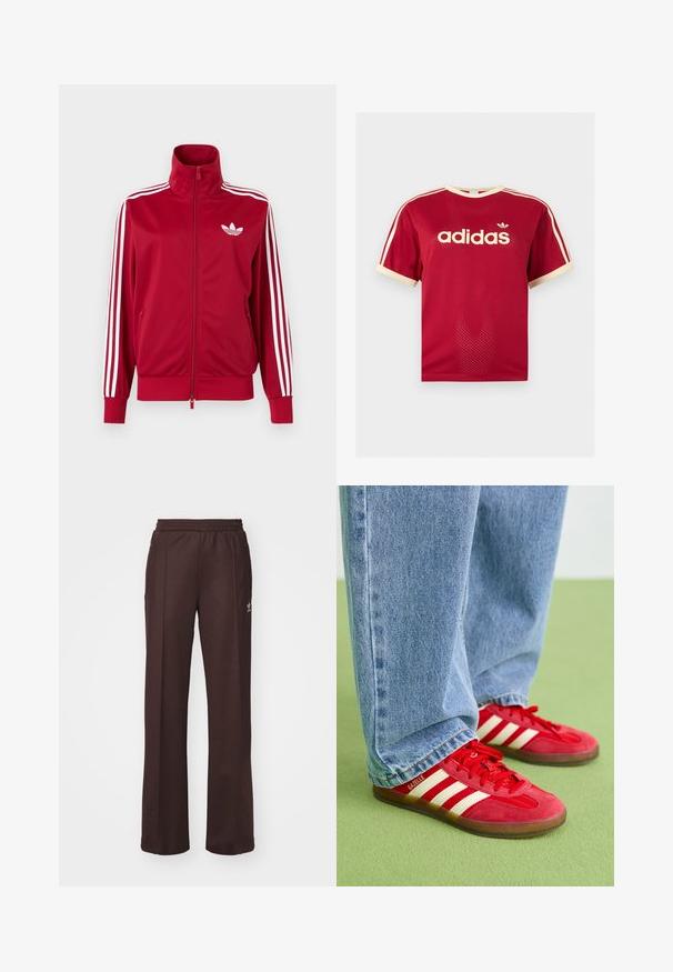 Červená tréningová bunda s bielymi tromi pruhmi na rukávoch, celoprepínací zips vpredu, vysoký golier a biele logo Adidas trefoil na hrudi.; Červené sieťované tričko Adidas s béžovým lemovaním na golieri, rukávoch a troch pruhmi na pleciach, s logom Adidas a textom na prednej strane.; Hnedé športové nohavice s elastickým pásom, dvoma bočnými vreckami a malým logom na ľavej strane, vyrobené z mäkkej látky.; Červené semišové tenisky s tromi bielymi pruhmi, okrúhlou špičkou a textúrovanou podrážkou, v kombinácii s svetlomodrými džínsami na zelenom pozadí.