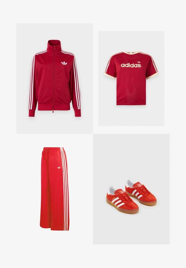 Veste de survêtement rouge avec trois bandes blanches sur les manches, fermeture éclair intégrale à l'avant, col montant et logo trefoil Adidas blanc sur la poitrine.; T-shirt en mesh rouge Adidas avec un liseré beige sur le col, les manches et les trois bandes aux épaules, avec logo et texte Adidas sur le devant.; Pantalon de sport rouge en matériau léger, avec une coupe à jambes larges, une taille élastique, un cordon de serrage et trois bandes blanches de chaque côté.; Baskets en daim rouge avec rayures blanches, semelle en gomme, col rembourré et logo sur la languette. Design classique avec une tige texturée.