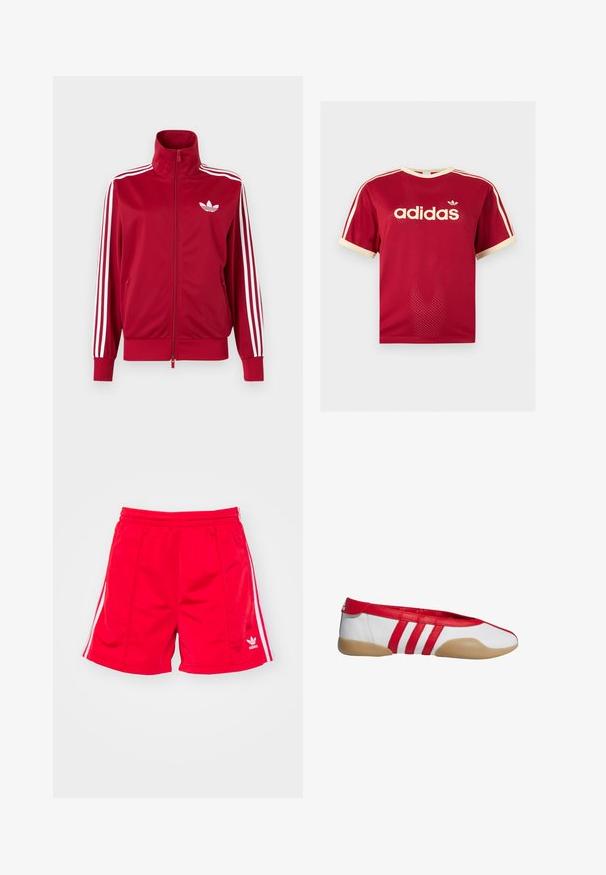Veste de survêtement rouge avec trois bandes blanches sur les manches, fermeture éclair intégrale à l'avant, col montant et logo trefoil Adidas blanc sur la poitrine.; T-shirt en mesh rouge Adidas avec un liseré beige sur le col, les manches et les trois bandes aux épaules, avec logo et texte Adidas sur le devant.; Shorts de sport rouges avec une taille élastique, présentant des rayures blanches sur les côtés et un logo brodé en bas à gauche. Texture lisse.; Chaussure plate rouge et blanche avec un bout arrondi, fabriquée en matériau synthétique lisse. Dotée de trois bandes rouges et d'une semelle en caoutchouc couleur tan.