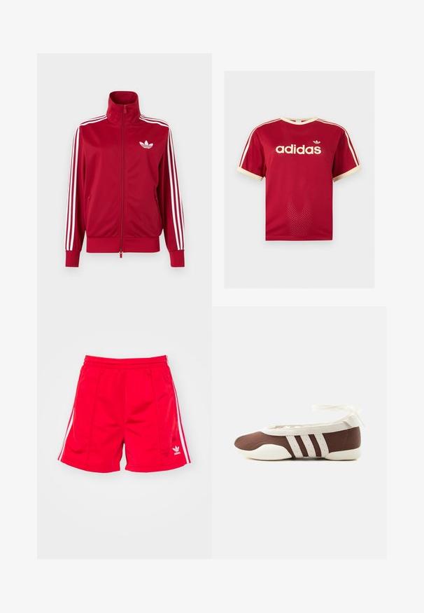 Rote Trainingsjacke mit weißen Drei-Streifen-Details an den Ärmeln, durchgehendem Frontreißverschluss, hohem Kragen und weißem Adidas-Trefoil-Logo auf der Brust.; Rotes Adidas Mesh-T-Shirt mit beigem Besatz am Kragen, an den Ärmeln und den drei Streifen auf den Schultern, mit Adidas-Logo und Schriftzug auf der Vorderseite.; Rote Sportshorts mit elastischem Bund, ausgestattet mit weißen Seitenstreifen und einem gestickten Logo auf der unteren linken Seite. Glatte Textur.; Brauner und weißer Ballerinaschuh mit drei weißen Streifen und einer Schleife zum Binden am Knöchel auf einem schlichten hellen Hintergrund.