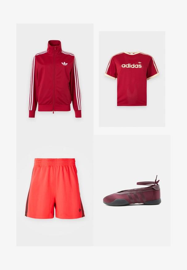 Rød træningstrøje med hvide tre-stribe detaljer på ærmerne, fuld lynlås foran, høj krave og hvidt Adidas trefoil-logo på brystet.; Rød Adidas mesh t-shirt med beige kant på krave, ærmer og de tre striber på skuldrene, med Adidas-logo og tekst på fronten.; Røde atletiske shorts lavet af letvægtsmateriale med elastisk talje, med tre sorte lodrette striber på hver side og logo.; Burgunderfarvet balletsko med sort sål, elastiske ankelstropper bundet i sløjfe og syninger på siderne, vist fra ydersiden.
