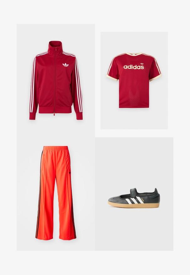 Punane jope valgete kolme triibuga varrukatel, täis ees lukk, kõrge krae ja valge Adidas trefoili logo rinnal.; Punane Adidas võrgust meeste särk beeži äärega krae, varrukate ja kolmekordsete triipude juures õlgadel, esiküljel Adidas logo ja tekstiga.; Kirkas oranžid spordipüksid laia säärekujundusega, millel on mustad külgtriibud ja elastne vöökoht. Kaasas on lukuga tasku.; Mustmust ja sametist sneaker, millel on Velcro rihm, kolm valget triipu ja kummi tallad, küljel on silt "SAMBA".