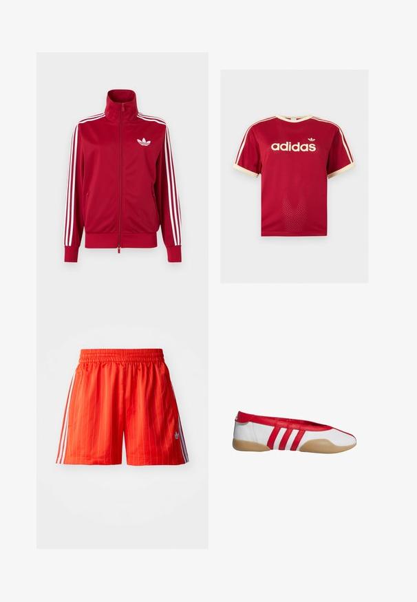 Rød træningstrøje med hvide tre-stribe detaljer på ærmerne, fuld lynlås foran, høj krave og hvidt Adidas trefoil-logo på brystet.; Rød Adidas mesh t-shirt med beige kant på krave, ærmer og de tre striber på skuldrene, med Adidas-logo og tekst på fronten.; Røde sportsshorts med lodrette hvide striber, elastisk talje og lyseblå detaljer langs siderne. Har sidelommer.; Rød og hvid flad sko med rund tå, lavet af glat syntetisk materiale. Har tre røde striber og en tanfarvet gummisål.