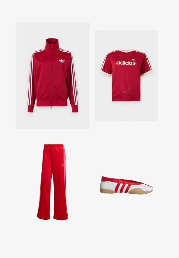 Punane jope valgete kolme triibuga varrukatel, täis ees lukk, kõrge krae ja valge Adidas trefoili logo rinnal.; Punane Adidas võrgust meeste särk beeži äärega krae, varrukate ja kolmekordsete triipude juures õlgadel, esiküljel Adidas logo ja tekstiga.; Punased spordipüksid laia jalaosaga, elastse vöökoha ja külgmise tõmblukuga taskuga. Vasakul küljel on väike valge logo. Siledat tekstuuri.; Punane ja valge madala kontsaga king ümarate varbavahetega, valmistatud siledast sünteetilisest materjalist. Omaduseks on kolm punast triipu ja beež kummist tald.