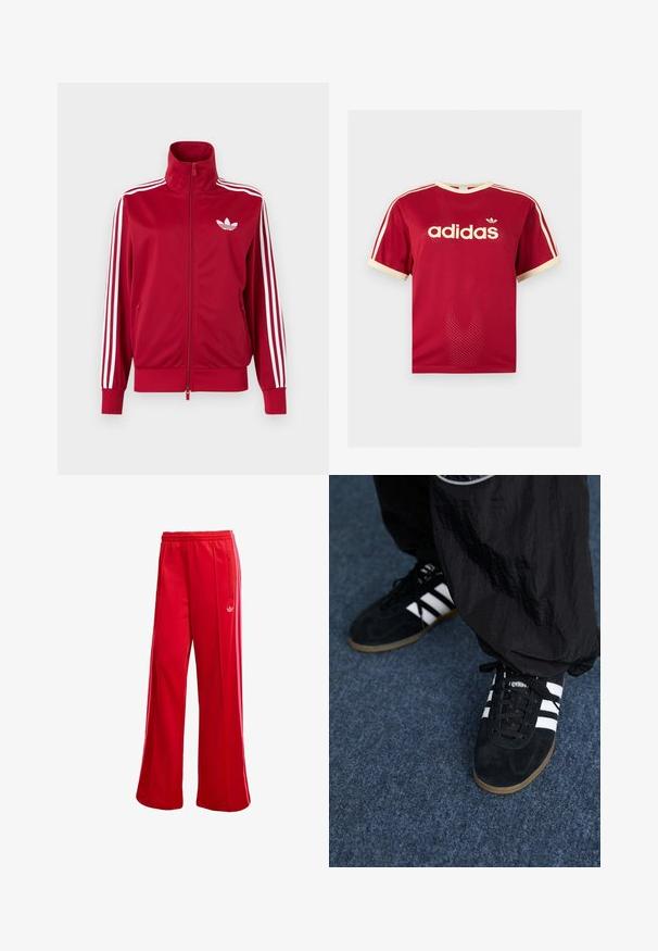 Rød træningstrøje med hvide tre-stribe detaljer på ærmerne, fuld lynlås foran, høj krave og hvidt Adidas trefoil-logo på brystet.; Rød Adidas mesh t-shirt med beige kant på krave, ærmer og de tre striber på skuldrene, med Adidas-logo og tekst på fronten.; Røde atletiske bukser med brede ben, elastisk talje og sidelomme med lynlås. Har et lille hvidt logo på venstre side. Glat tekstur.; Sorte suedetrainingssko med tre hvide striber og sorte snørebånd. Et tekstureret sort bukser er delvist synligt ved siden af skoene.