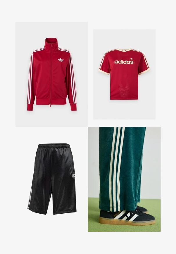 Rød træningstrøje med hvide tre-stribe detaljer på ærmerne, fuld lynlås foran, høj krave og hvidt Adidas trefoil-logo på brystet.; Rød Adidas mesh t-shirt med beige kant på krave, ærmer og de tre striber på skuldrene, med Adidas-logo og tekst på fronten.; Sorte atletiske shorts lavet af glat stof, med elastisk talje og snor, sidelommer og tre hvide striber langs siderne.; Grønne teksturerede bukser med hvide sidelince, parret med sorte Adidas sneakers med tre hvide striber og en gummisål.