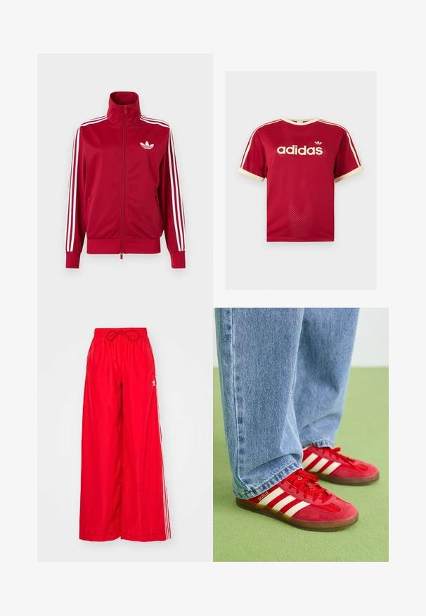 Veste de survêtement rouge avec trois bandes blanches sur les manches, fermeture éclair intégrale à l'avant, col montant et logo trefoil Adidas blanc sur la poitrine.; T-shirt en mesh rouge Adidas avec un liseré beige sur le col, les manches et les trois bandes aux épaules, avec logo et texte Adidas sur le devant.; Pantalons larges rouges en tissu léger, dotés de rayures blanches sur les côtés et d'une taille élastique avec un cordon de serrage.; Baskets en daim rouge avec trois rayures blanches, bout rond et semelle texturée, associées à un jean en denim bleu clair sur un fond vert.