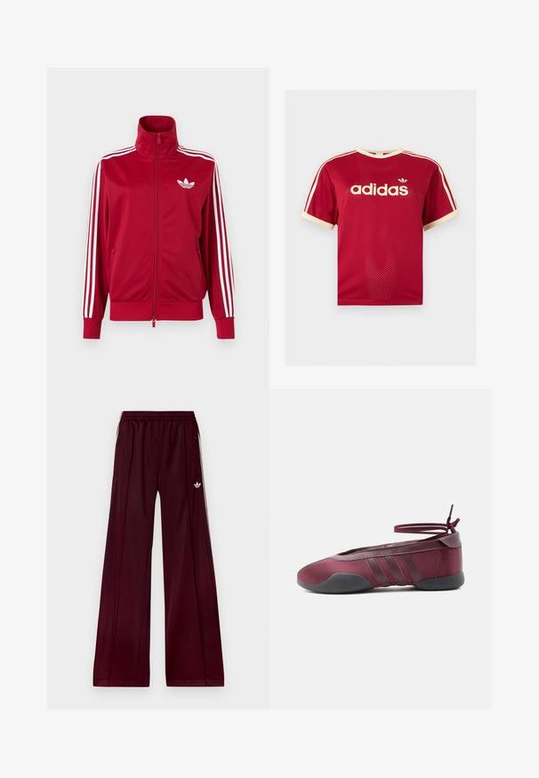 Punane jope valgete kolme triibuga varrukatel, täis ees lukk, kõrge krae ja valge Adidas trefoili logo rinnal.; Punane Adidas võrgust meeste särk beeži äärega krae, varrukate ja kolmekordsete triipude juures õlgadel, esiküljel Adidas logo ja tekstiga.; Burgundi tooni spordipüksid mugava lõikega, valminud siledast materjalist, millel on kaks küljetaskut ja valged kontrastsed triibud külgedel.; Bordoopunane ballerinarätt musta tallaga, elastsete pahkluurihmadega, mis on seotud lipsuks, ja külgedel õmmeldud detailidega, nähtud välisküljelt.