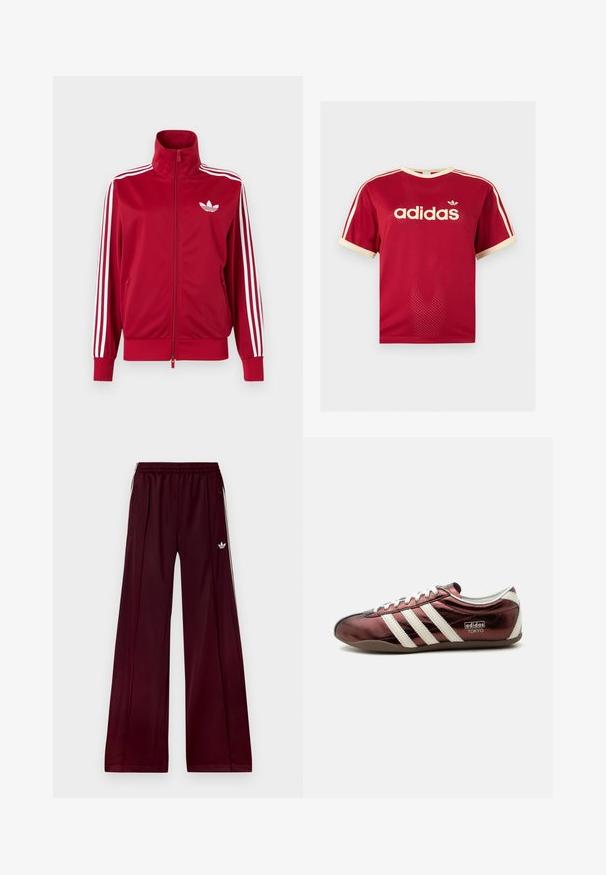 Červená tréningová bunda s bielymi tromi pruhmi na rukávoch, celoprepínací zips vpredu, vysoký golier a biele logo Adidas trefoil na hrudi.; Červené sieťované tričko Adidas s béžovým lemovaním na golieri, rukávoch a troch pruhmi na pleciach, s logom Adidas a textom na prednej strane.; Bordo športové nohavice s voľným strihom, vyrobené z hladkého materiálu, s dvomi bočnými vreckami a bielymi kontrastnými prúžkami po stranách.; Nízky profil kovový bordový teniska Adidas s bielymi pruhmi, šnúrkami a označením „Adidas Tokyo“ na boku.
