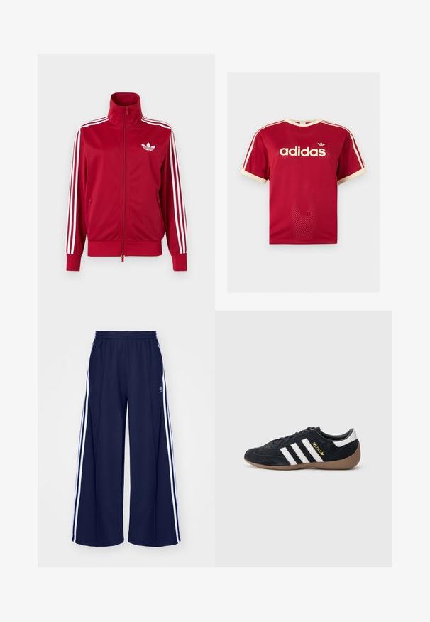 Chaqueta deportiva roja con detalles de tres franjas blancas en las mangas, cremallera completa en el frente, cuello alto y el logo de trébol de Adidas en blanco en el pecho.; Camiseta de malla roja Adidas con ribetes beige en el cuello, las mangas y las tres rayas en los hombros, con el logo de Adidas y texto en el frente.; adidas Originals PANT - Pantalones deportivos - night indigo; Zapatilla de ante negra con tres rayas blancas, suela de goma y un pequeño logo dorado en el lateral. Cuenta con un forro interior negro liso.