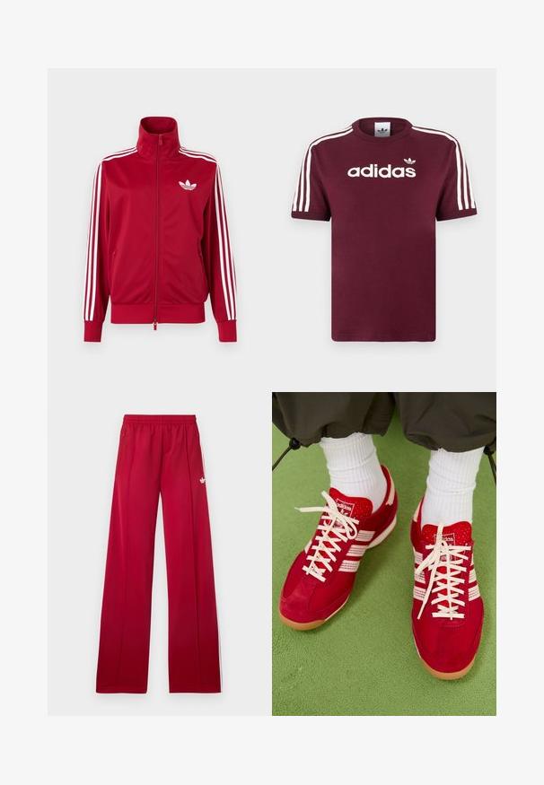 Rød træningstrøje med hvide tre-stribe detaljer på ærmerne, fuld lynlås foran, høj krave og hvidt Adidas trefoil-logo på brystet.; Mørkerød bomulds T-shirt med hvide stribede ærmer, med "adidas" logo i hvid på brystet og et lille logo ovenover.; Røde trackbukser med brede ben, elastik i taljen, sidelommer med lynlås, hvide striber på siderne og lille hvidt logo på venstre låret.; Røde ruskind og mesh sportssko med hvide striber og snørebånd. Gummisål. Båret med hvide ribbede sokker på en grøn tekstureret overflade.